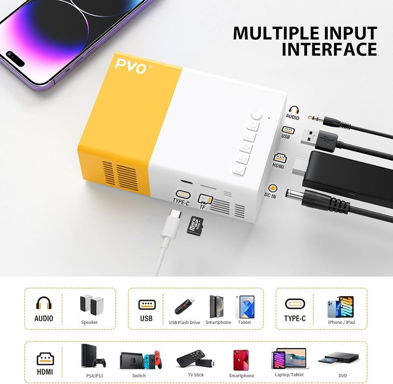 PVO جهاز عرض ميني محمول لرسوم الكرتون، أجهزة عرض فيديو خارجية، جهاز عرض أفلام LED بيكو للسينما المنزلية، هدية للأطفال، يمكن عكس الفيديو بسهولة مباشرة إلى جهاز العرض عبر كابل البيانات - Image 2